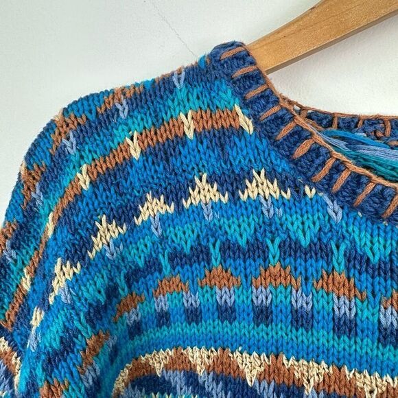 Segrets Sun Prints Teal Navy Tan Fair Isle Aztec Grandpa Chunky Knit Sweater - Picture 6 of 12